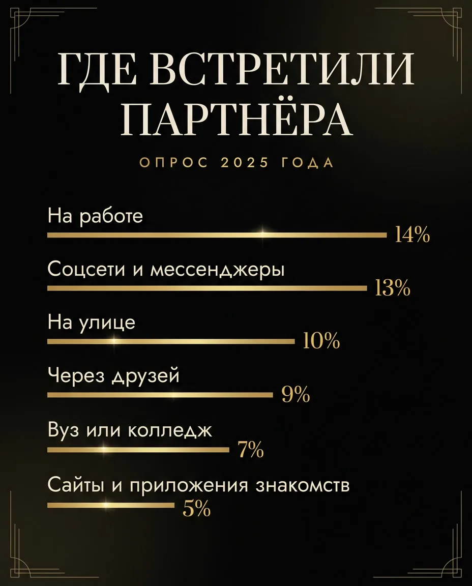 Инфографика: где россияне встретили партнёра по опросу 2025 года — на работе 14%, в приложениях знакомств 5%