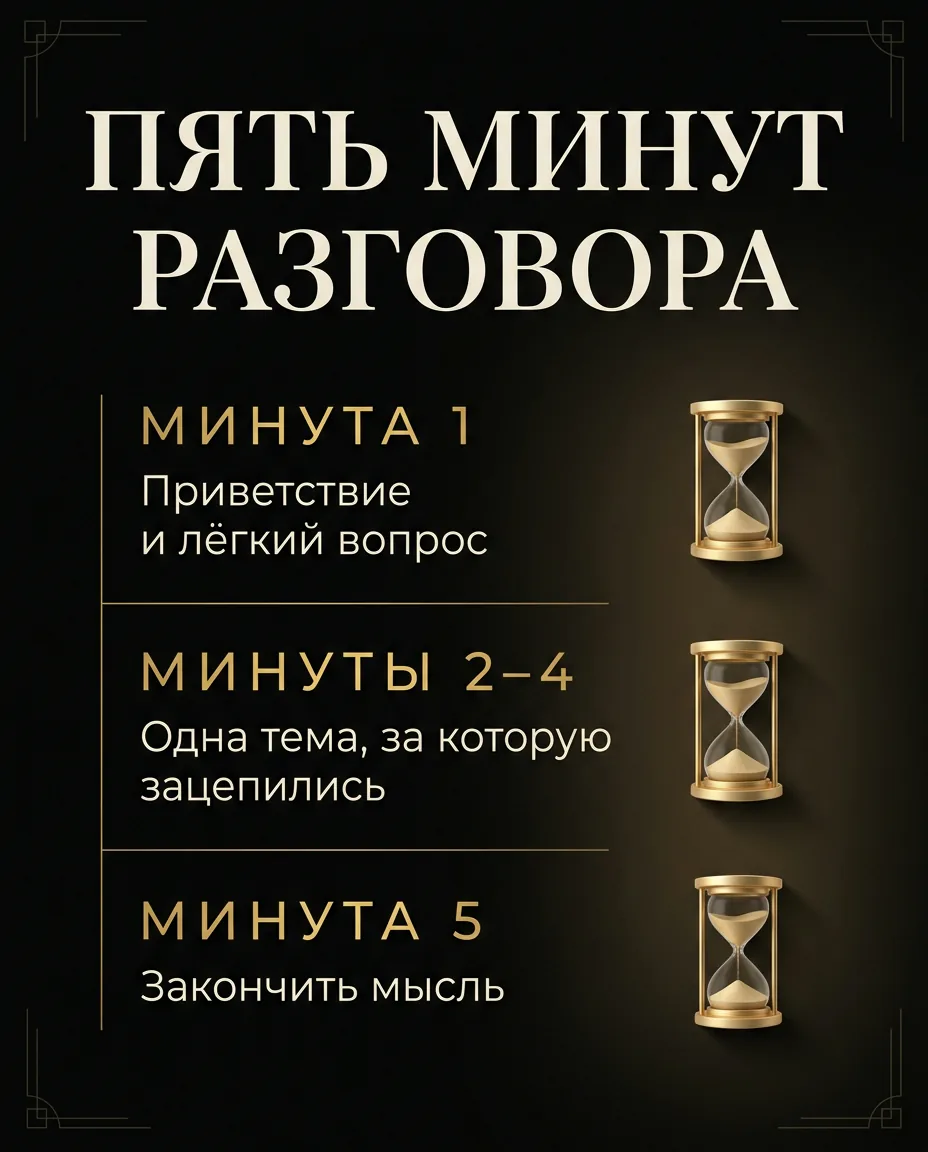 Инфографика: как уложить разговор на быстром свидании в пять минут — приветствие, одна тема, финал мысли