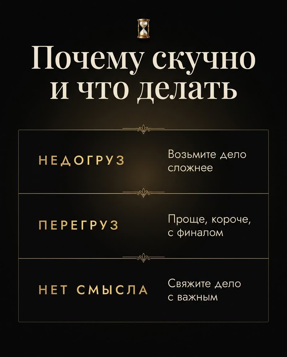 Схема причин скуки: при недогрузе взять дело сложнее, при перегрузе проще, без смысла — связать с важным