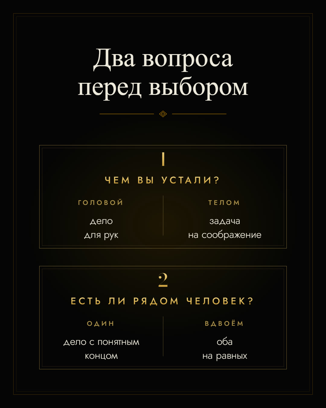 Схема выбора занятия, когда скучно: чем вы устали и есть ли рядом человек, четыре варианта ответа