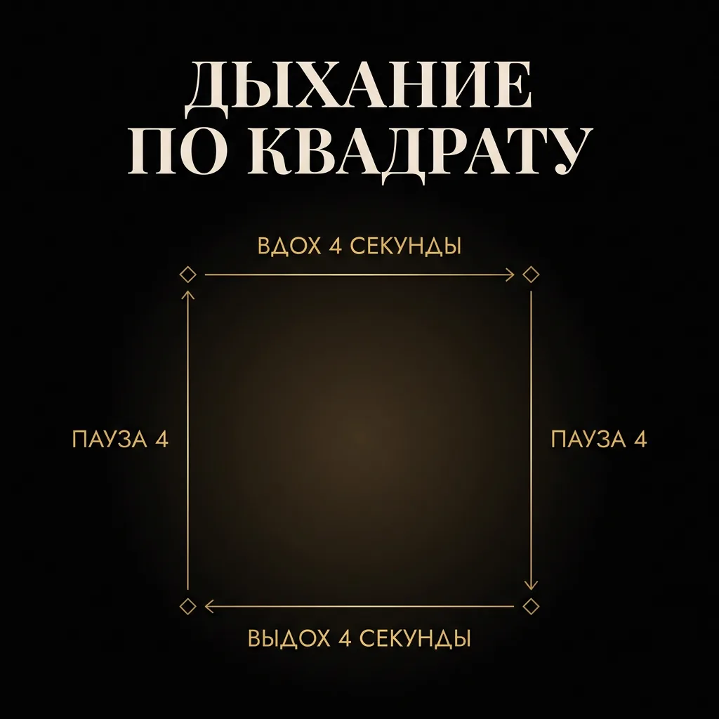 Схема: как быстро успокоиться дыханием по квадрату — вдох 4 секунды, пауза, выдох, пауза