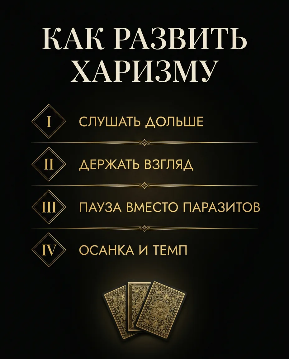Инфографика: как развить харизму за четыре шага — слушать дольше, держать взгляд, пауза, осанка