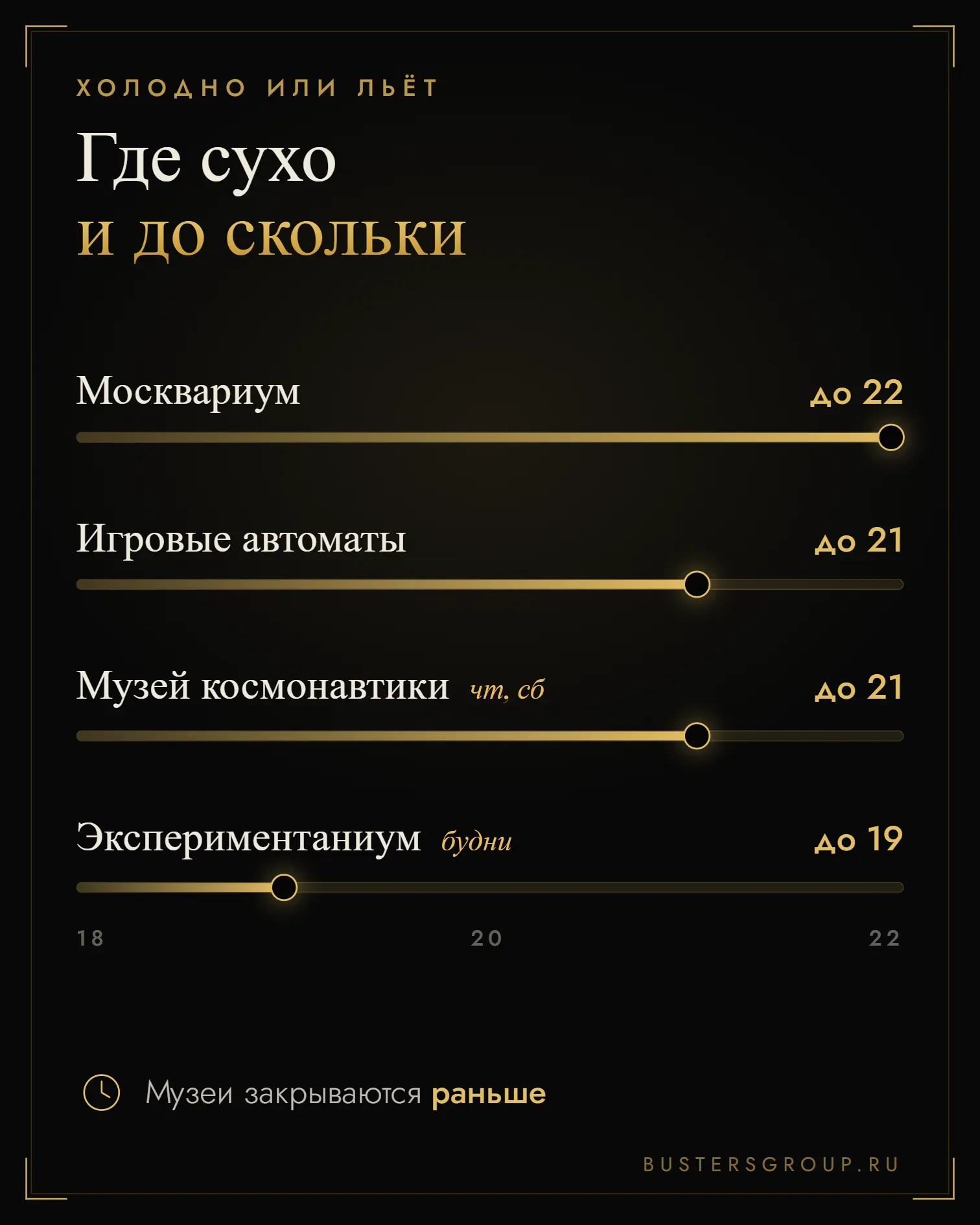 Инфографика: где сухо в дождь и до скольки — Москвариум до 22, автоматы до 21, Экспериментаниум до 19
