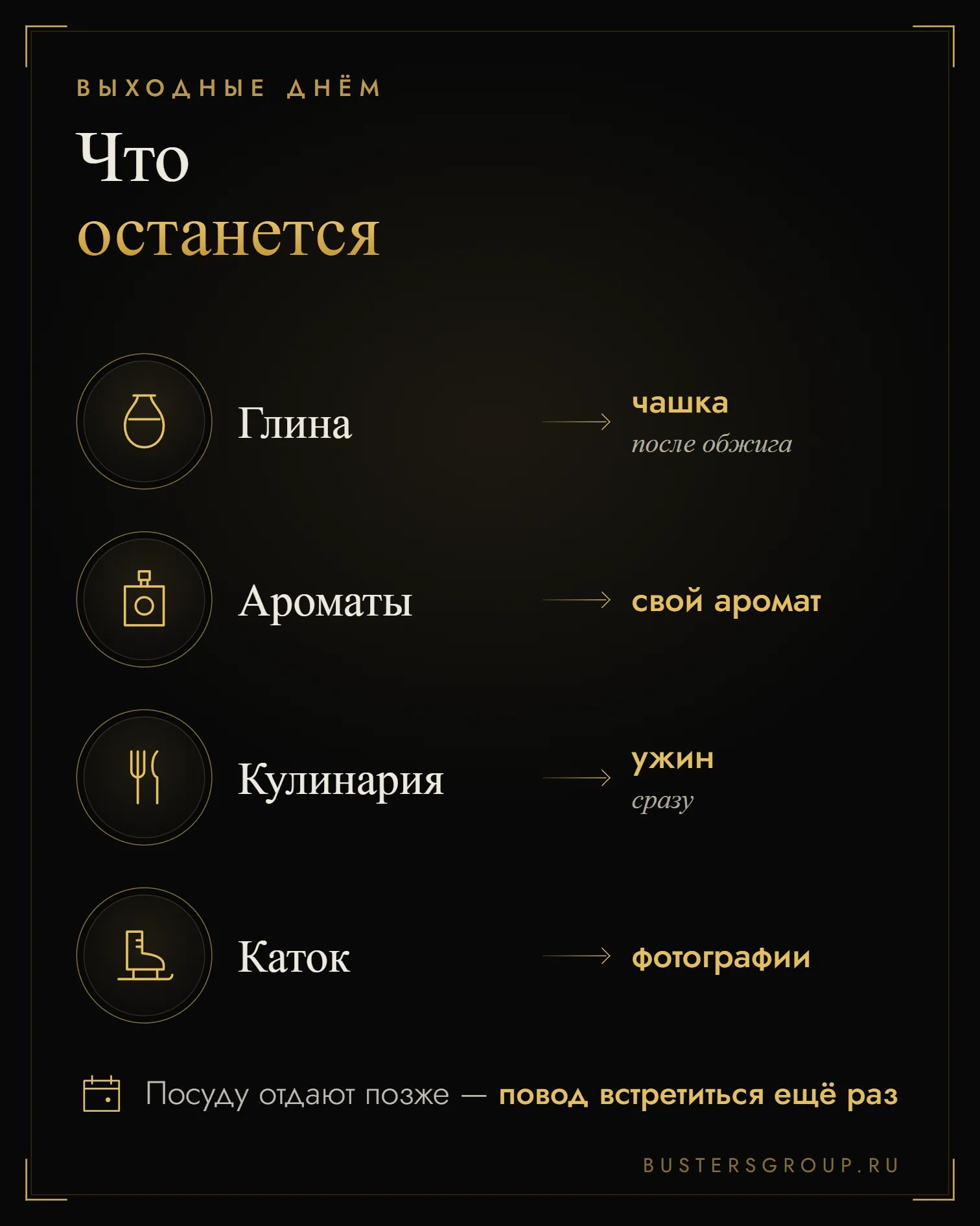 Инфографика: что остаётся после выходного — чашка после обжига, свой аромат, ужин и фотографии с катка