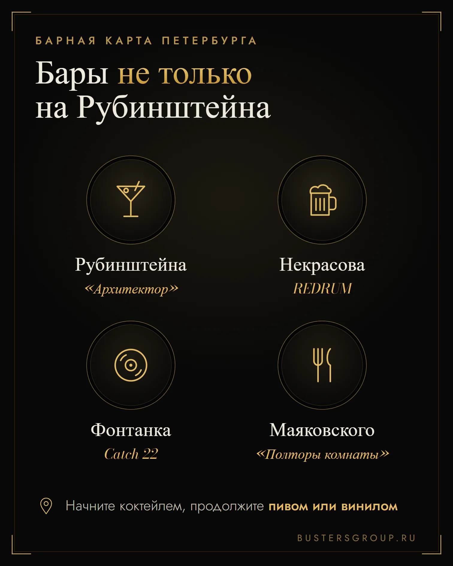 Инфографика: бары Петербурга на Рубинштейна, Некрасова, Фонтанке и Маяковского — коктейль, пиво, винил