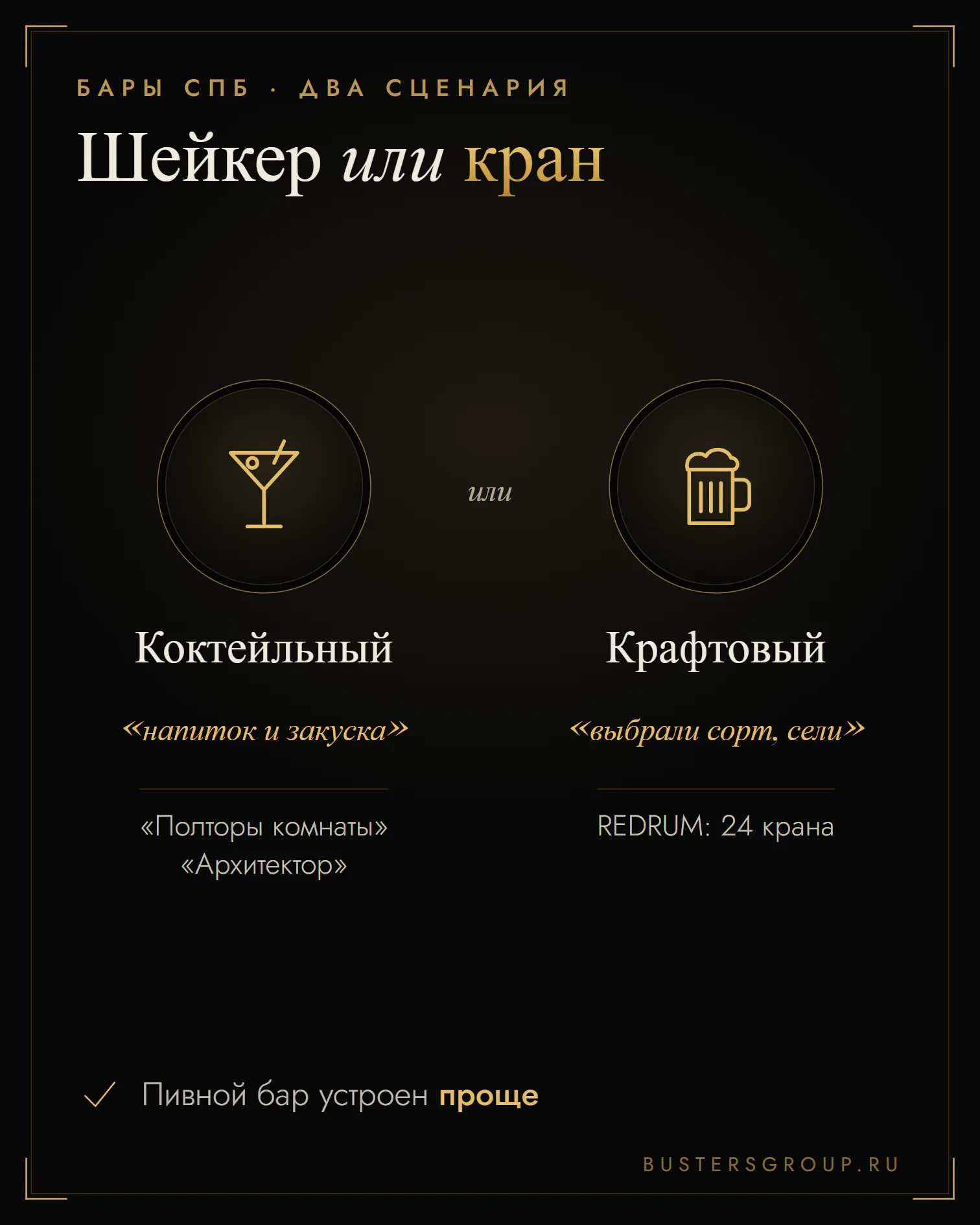 Инфографика: коктейльный бар — напиток и закуска, крафтовый — выбрали сорт и сели; в REDRUM 24 крана