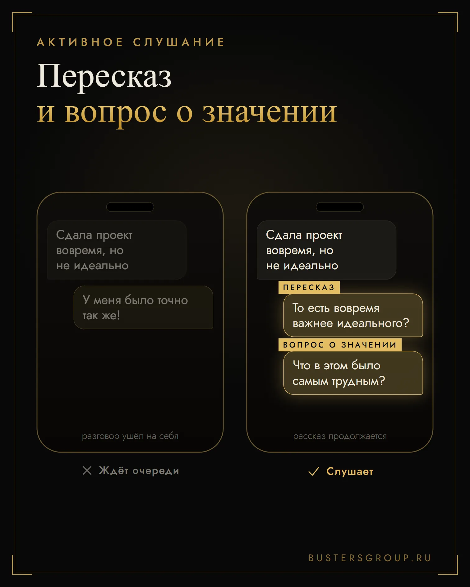 Активное слушание на примере: вместо «у меня так же» — пересказ и вопрос о самом трудном