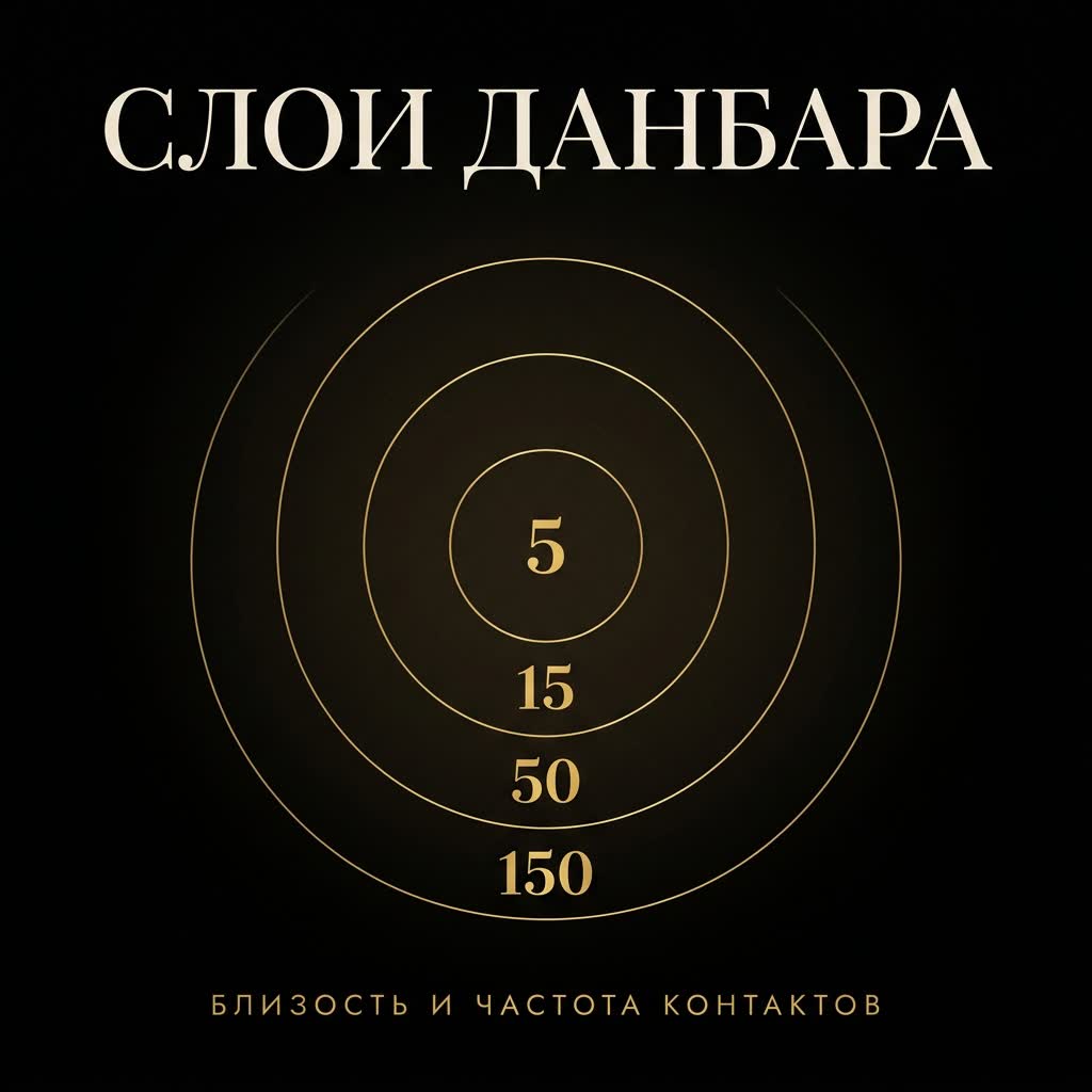 Слои Данбара для нетворкинга: золотые круги 5, 15, 50 и 150 человек, подпись о близости и частоте контактов