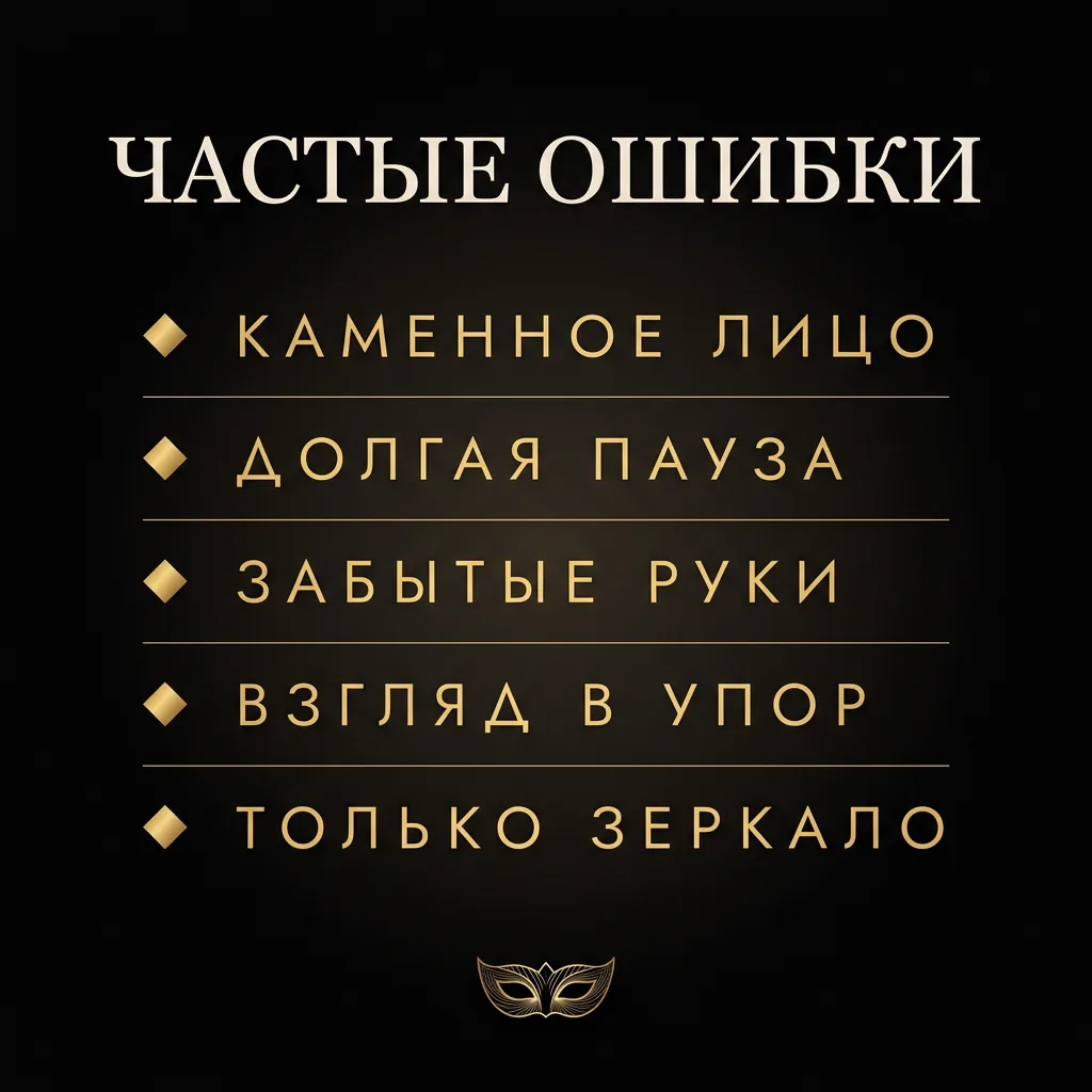 Частые ошибки покерфейса на инфографике: каменное лицо, долгая пауза, забытые руки, взгляд в упор