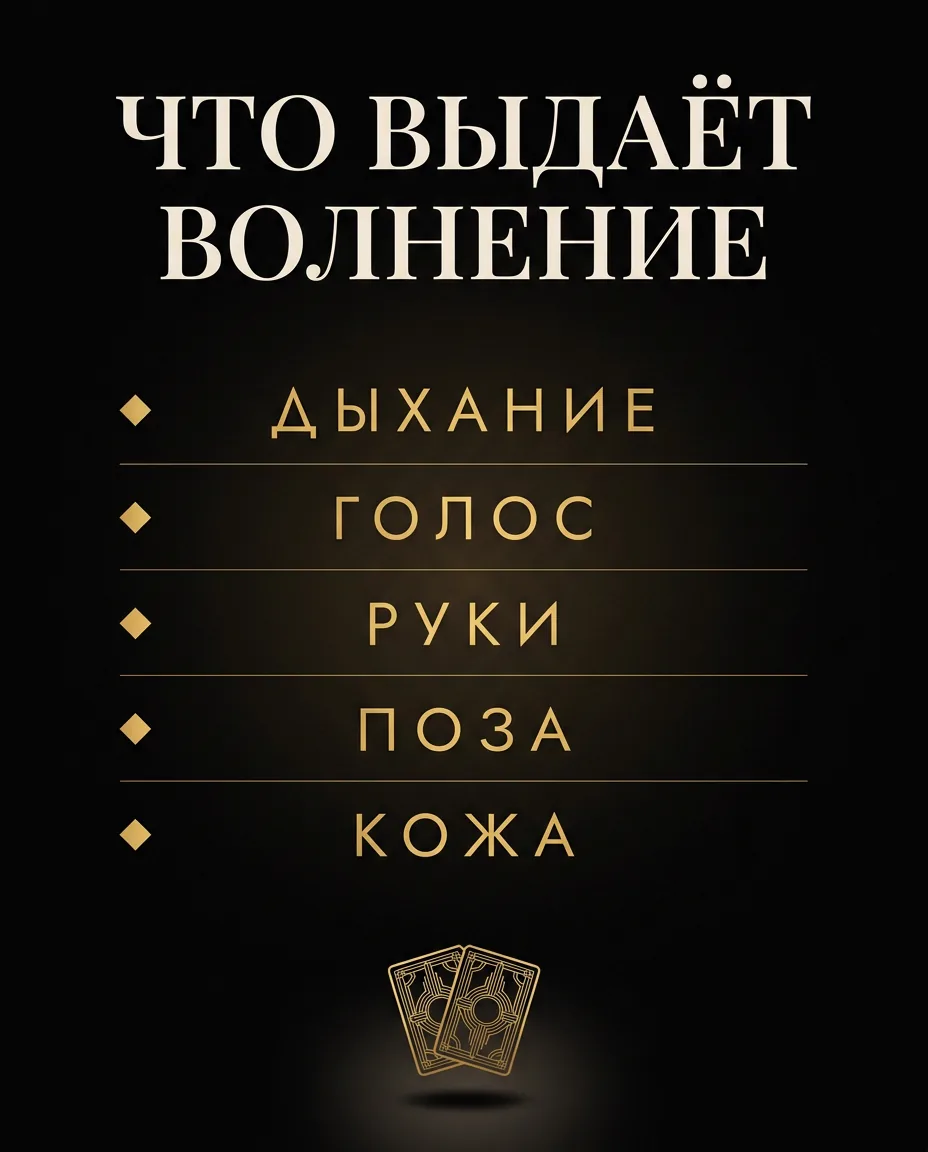 Инфографика: что выдаёт волнение, если лицо неподвижно — дыхание, голос, руки, поза, кожа