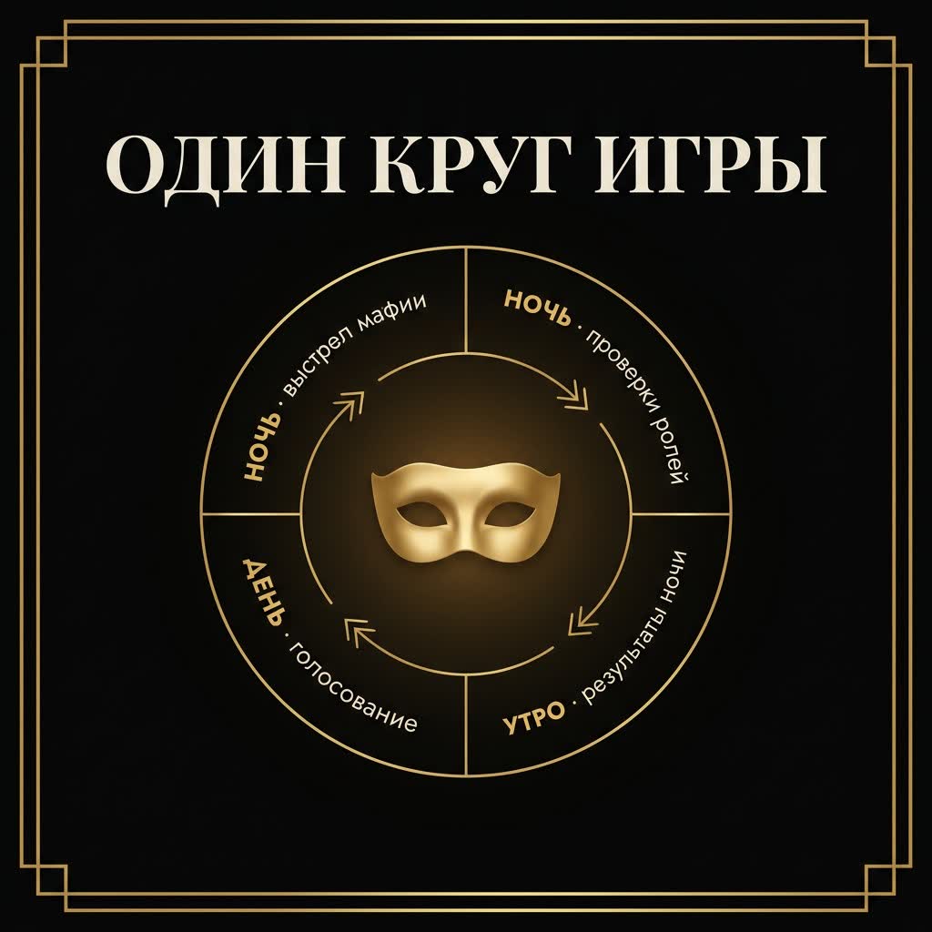Схема одного круга игры в мафию: ночной выстрел, проверки ролей, утро и дневное голосование